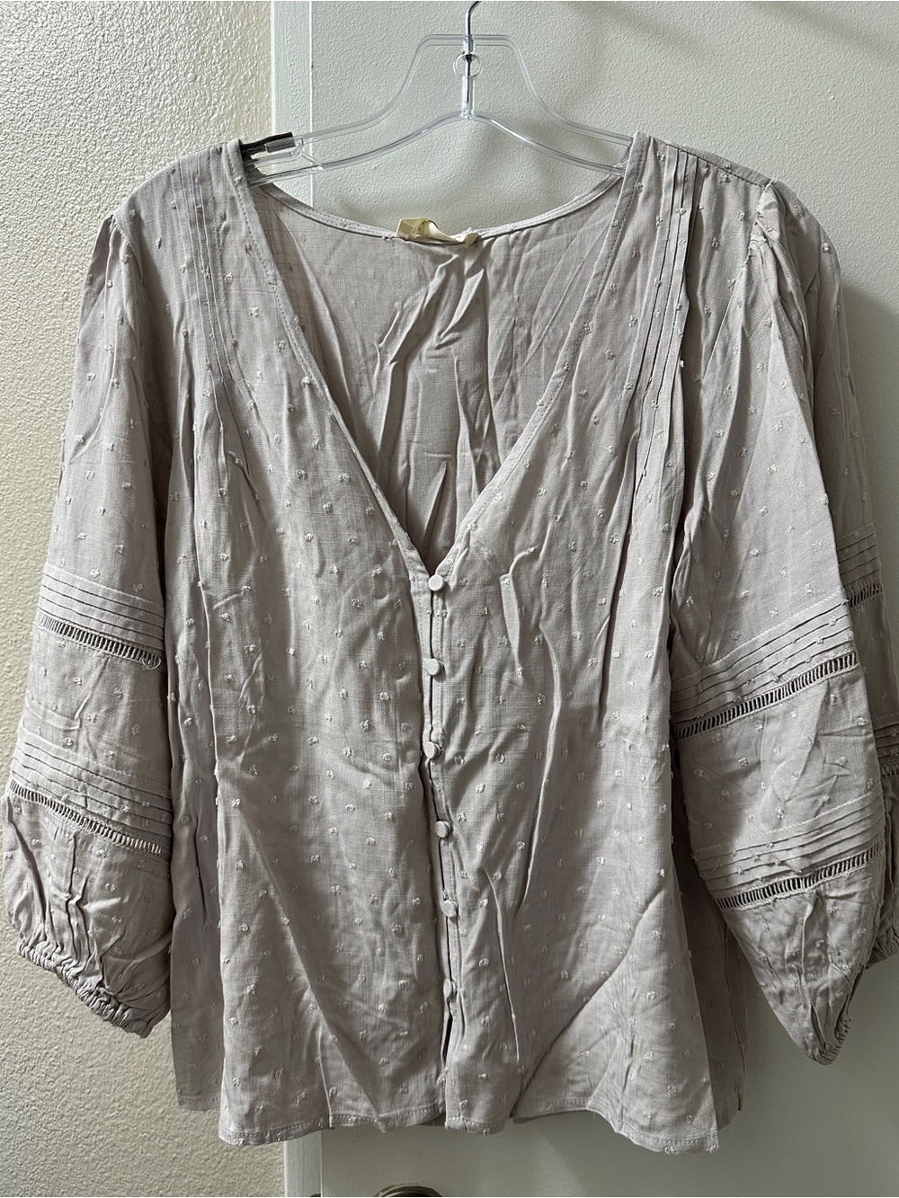 lovestitch Light Taupe Button-Front V-Neck Blouse